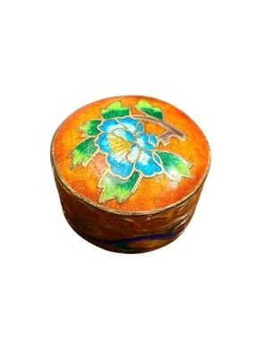 Vintage Cloisonné Trinket Box Round Orange Enamel Floral Jewelry Pill Box